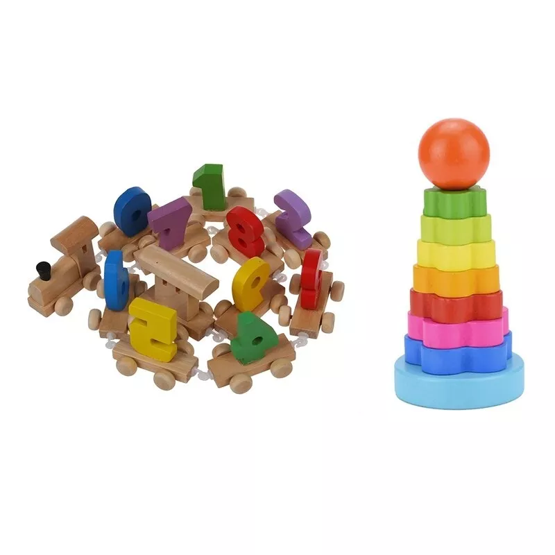 1 Set Number Wooden Train Figures Railway Kids Wood Mini Toy Educational & 1Pcs Baby Kid Education Wooden Toy Stacking Nest Lear As shown